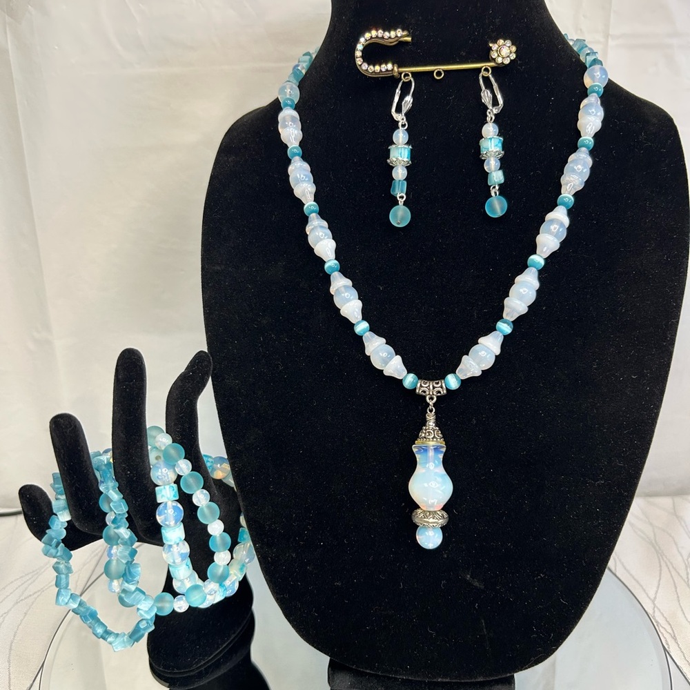 Opalite, Blue Dyed Mother of Pearl Chips & Sterling Silver Jewelry Set